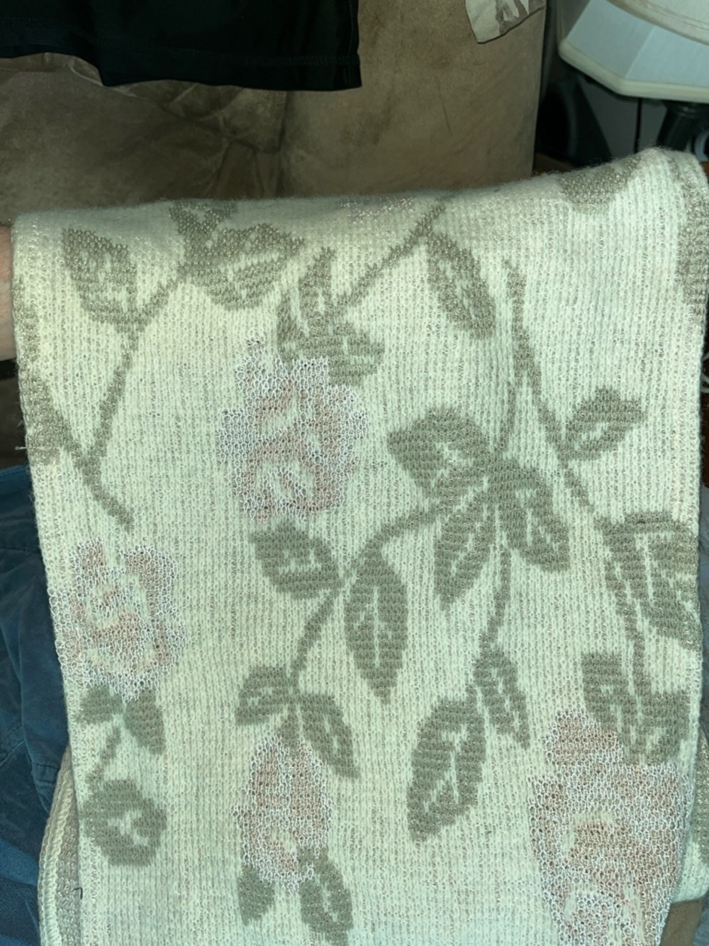Bogner Cream and Tan scarf with Light Pink floral embroidery